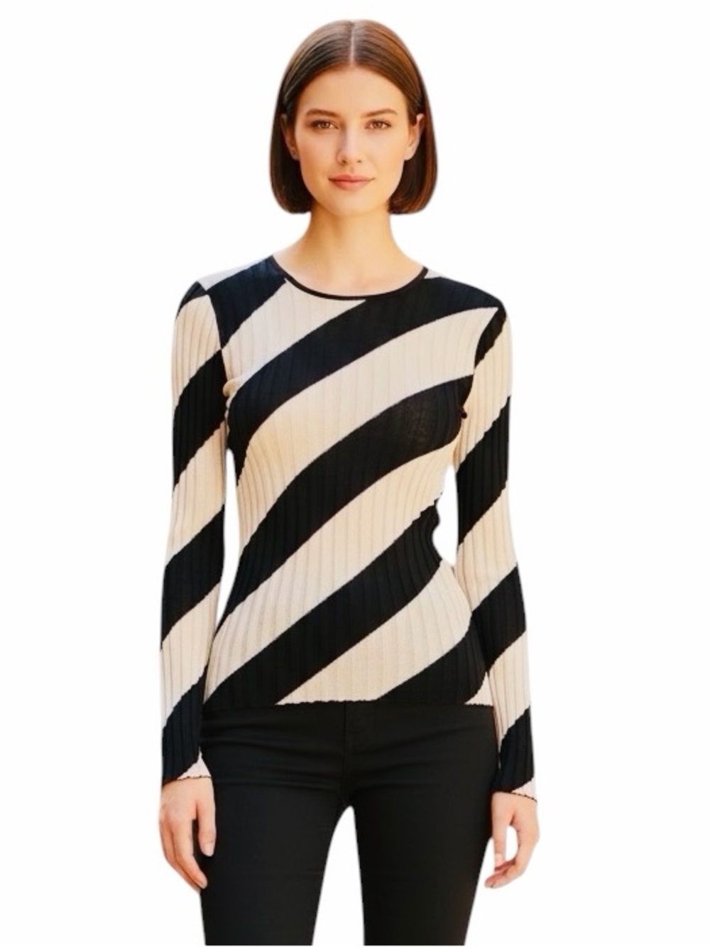 Theory NEW Crewneck Sweater in Striped Silk Intarsia.